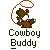 Pixelated cowboy figure holding a lasso with text 'Cowboy Buddy' below, on gray background.