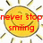 A static image of a yellow sun with a smiling face and radiating rays, overlaid with red text reading "never stop smiling" and "cuz your smile is the sunshine to my day".