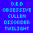 Blue background with cyan text reading O.E.D OBSESSIVE CULLEN DISORDER TWILIGHT and small red pixel clusters appearing near the top-right of each frame.
