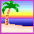 Pixelated beach scene with palm tree, striped sky gradient, and ocean horizon on sandy shore.