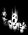 Pixelated black-and-white animation of a skeletal figure with raised arms and glowing eyes against dark background, showing motion blur in limbs.