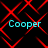 Four identical cyan 'Cooper' text labels arranged in a over a black background with red geometric line patterns