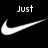 Black background with white Nike swoosh symbols and text 'Just', 'Do', 'Me' in white pixelated font above each symbol.