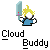 Pixel art character with spiky yellow hair, white face, blue shirt holding a light blue sword-like object in various poses.