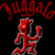Pixelated red cartoon figure with devil horns and tail standing beneath stylized red text on a black background, rendered in low-resolution 8-bit style.