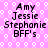 A static image with a pink background featuring white circular patterns and repeated text reading "Amy Jessie Stephanie BFF's" in black pixelated font.