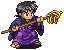 Pixel art character with gray hair and blue eyes wears purple robe over dark blue cloak, holding a wooden staff topped with yellow-and-white spiral design against light gray background.
