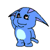 Blue cartoon creature with light blue belly, purple ear accents, and black eyes in nine distinct poses showing varied hand positions and mouth expressions.