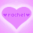 six heart-shaped icons with the name 'rachel' in lowercase letters, each bordered by small purple hearts on a light pink background