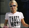 A person with blonde hair wears a white t-shirt displaying text on front and back, shown in two side-by-side views.