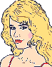 Pixelated cartoon-style image of a woman with blonde hair, red lips, and pink cheeks wearing a red strap top against gray background.