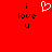 Red background with black text 'i love u' on both sides and a white pixelated heart symbol in the center.