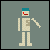Pixelated character with blue cap, red eyes, and beige body performing multiple actions against gray background.