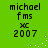Green background with pixelated text reading "michael fms xc 2007" in four identical quadrants, white dots forming a curved line between top and bottom sections.