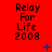 Red background with repeated black text 'Relay For Life 2008' and scattered blue pixelated symbols.