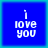 Blue square with white text 'i love you' in pixelated font, displayed as four identical arranged in a