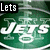 Green oval logo with white 'JETS' text and number 8, featuring a person in green jersey with name 'FAVRE' on it.