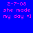 Blue background with pink text reading 'z-7-08 she made my day =]' in multiple , some with light blue rectangular overlays