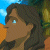 Pixelated cartoon-style profile of a person with brown skin, dark brown hair, and light blue eyes, set against a blue sky and green-brown background.