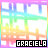 Four identical display a rainbow gradient background with white space and black text reading GRACIELA in pixelated font