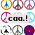 peace sign icons in various colors with two non-peace sign icons: a black 'cda.!' text box and a black '3' symbol