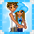 A contact sheet of 18 animated frames showing a pixel-art couple embracing under blue clouds with text "I LOOK INTO HIS EYES AND SEE MY FUTURE" on the right side of each frame.