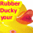 Yellow rubber duck with orange beak and feet, red text on yellow banners across four