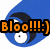 Blue cartoon character with white eye and black pupil, orange text "Bloo!!!:)" on left; same character wearing dark sunglasses on right.