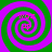 Four identical spiral patterns with alternating green and purple rings, each containing pink text reading 'WOT' above 'UP', arranged in a on a solid green background