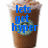 A pixelated image of a brown beverage in a cup with a green circular logo, overlaid with blue text reading "lets get hyper".