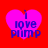 Four identical pink heart-shaped icons with blue text "i love plimp" on a red background, arranged in a