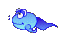 Blue cartoon fish with dark blue fin, white eyes, and small mouth in four horizontal poses showing head turn left to right.