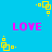 Blue background with repeated yellow square patterns and pink 'LOVE' text in four positions.
