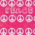 A pink background with white peace symbols and the word 'PEACE' in pixelated text, alongside a hand holding an object on a textured surface.