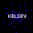 Black background with scattered blue pixel clusters and five instances of the text 'KELSEY' in white block letters.