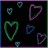 Animated sequence of heart-shaped icons in various colors and sizes floating against a black background with subtle gradient borders.