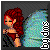 Pixelated icon of a red-haired figure with closed eyes, wearing a dark strapless top and black patterned leggings, standing against a gray background.