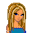 Pixelated character with blonde hair and blue top, partial body views, blue text 'love' and 'BLUE' in multiple styles and positions.