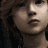 Pixelated close-up of a person's face with dark hair, visible eye, nose, lips, and neck against a dark background.