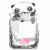 A cartoon panda in a glass jar with a pink flower at the base, showing multiple poses including upright, leaning, and upside-down views.