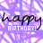 Animated pattern of 'happy' text above 'BIRTHDAY!' text on a purple geometric background with white accents.