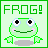 Pixelated green frog icon with large eyes, pink cheeks, and a smiling mouth under 'FROG!' text on light background.
