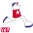 Pixelated character in red outfit with white star, blue-and-white shoes, and blue headband running across gray background with 'YAY' text below.