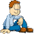Pixelated cartoon character with orange hair, light blue shirt, and dark blue pants sitting in a relaxed pose against a gray background.