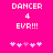 Pixelated pink background with white text 'DANCER 4 EVR!!!' and five pink heart symbols below, showing heart animation