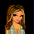 Pixel art icon featuring a woman with long brown hair, wearing light blue clothing and black wristbands, surrounded by pink hearts and letters on a black background.