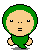 Pixelated green character with beige face in various poses and expressions on gray background.