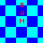 Blue and cyan pixelated checkered background with red vertical text "BAM" in four positions, transitioning between two distinct layouts