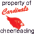 Animated icon showing 'property of Cardinals cheerleading' text with red script and leaf symbol, transitioning from dark gray to bright red text.