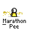 A 7-frame animated contact sheet showing a yellow stick figure running with motion effects and the text "Marathon Pee" below each frame.